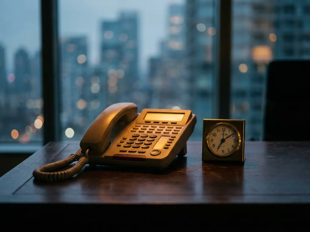 Leuchtendes Bürotelefon auf dunklem Schreibtisch neben analoger Uhr, die späte Nachtstunden zeigt, mit verschwommenen Stadtlichtern im Hintergrund.