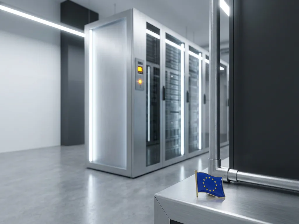 Silbernes Server-Rack in deutschem Rechenzentrum mit EU-Flaggen-Pin auf gebürstetem Metall und warmem Statuslicht.
