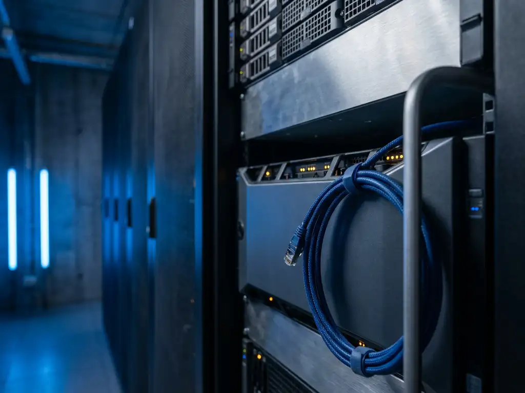 Serverrack in einem modernen deutschen Rechenzentrum mit blauem Umgebungslicht, gebürstetem Stahl und einem ordentlich verlegten Ethernet-Kabel.