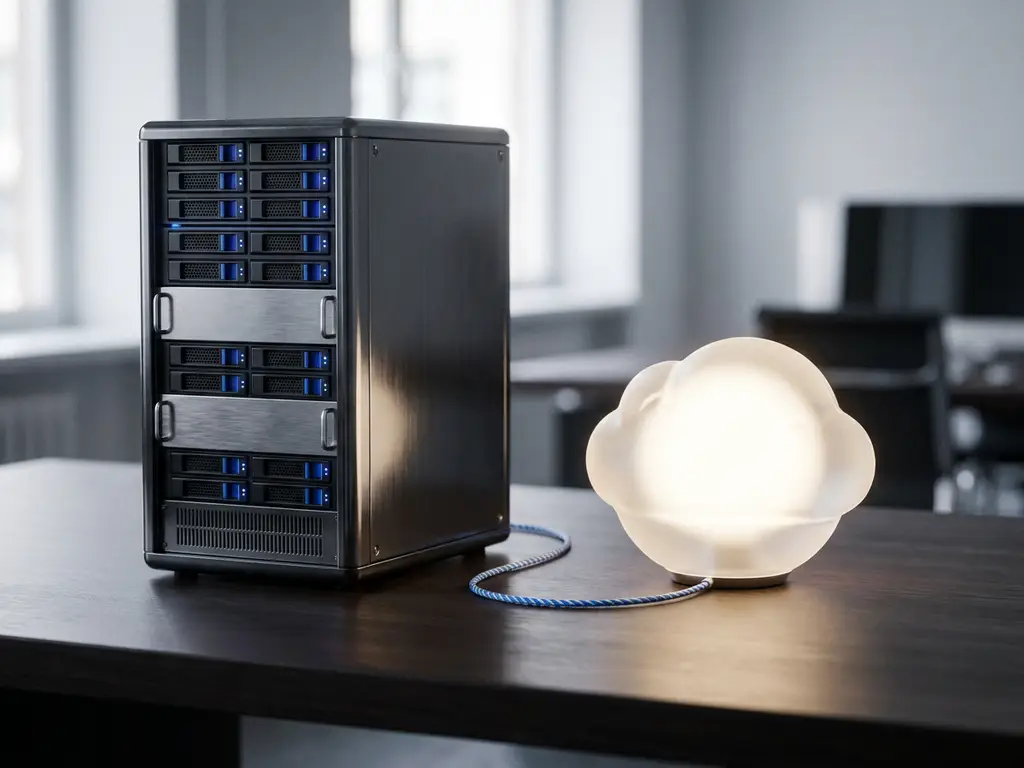 Privater Server-Rack neben einer Milchglaskugel als Cloud-Symbol, verbunden durch ein Kabel auf dunklem Schreibtisch, hybride Cloud-Infrastruktur.