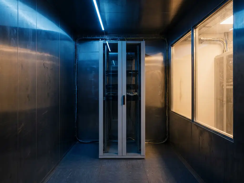 Server-Rack in Rechenzentrumsgang, halb in kühlem Blaulicht, halb in warmem Bernsteinlicht – symbolisiert hybride Cloud-Infrastruktur.