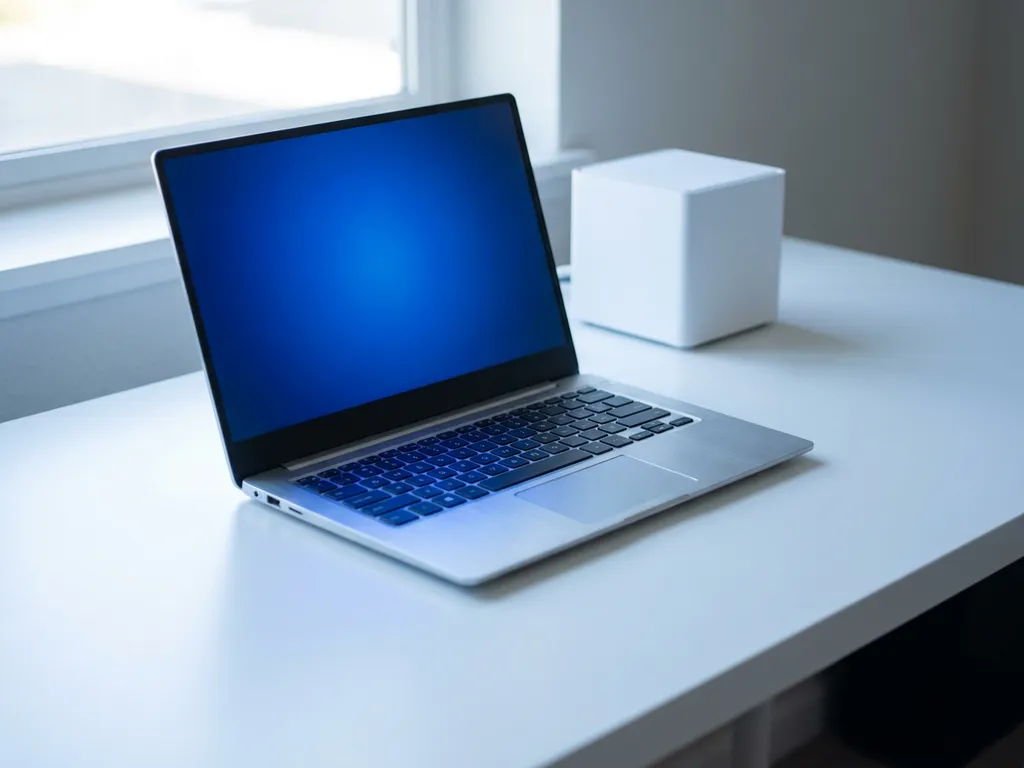 Silbernes Laptop mit blauem Bildschirmschein neben einem kleinen weißen Server auf einem minimalistischen weißen Schreibtisch.