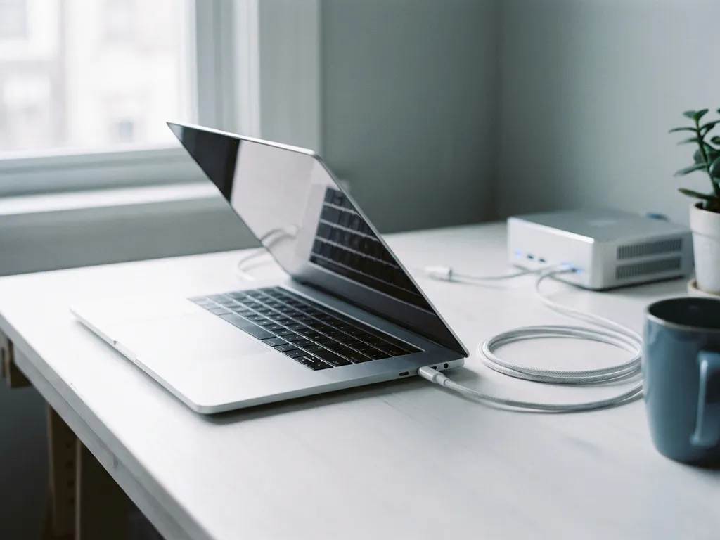 Silbernes Laptop auf weißem Schreibtisch mit modernem Server im Hintergrund, natürliches Tageslicht, flache Tiefenschärfe.