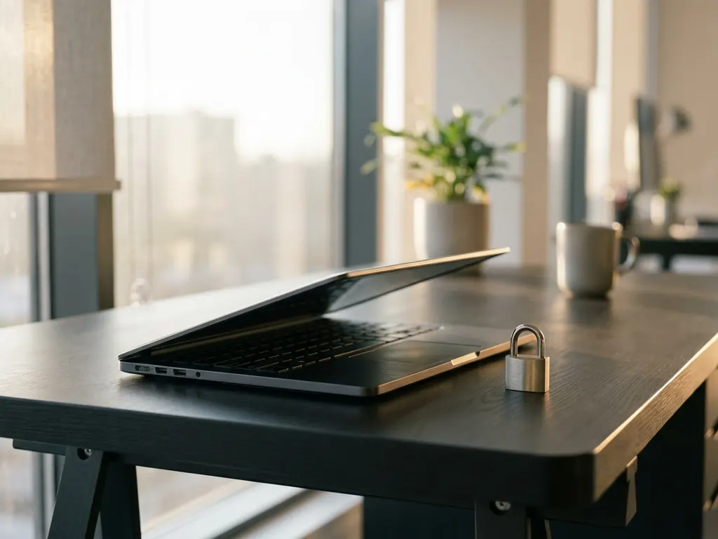 Halb geöffneter Laptop auf minimalistischem Schreibtisch mit kleinem Vorhängeschloss, natürliches Seitenlicht, moderner Arbeitsplatz.