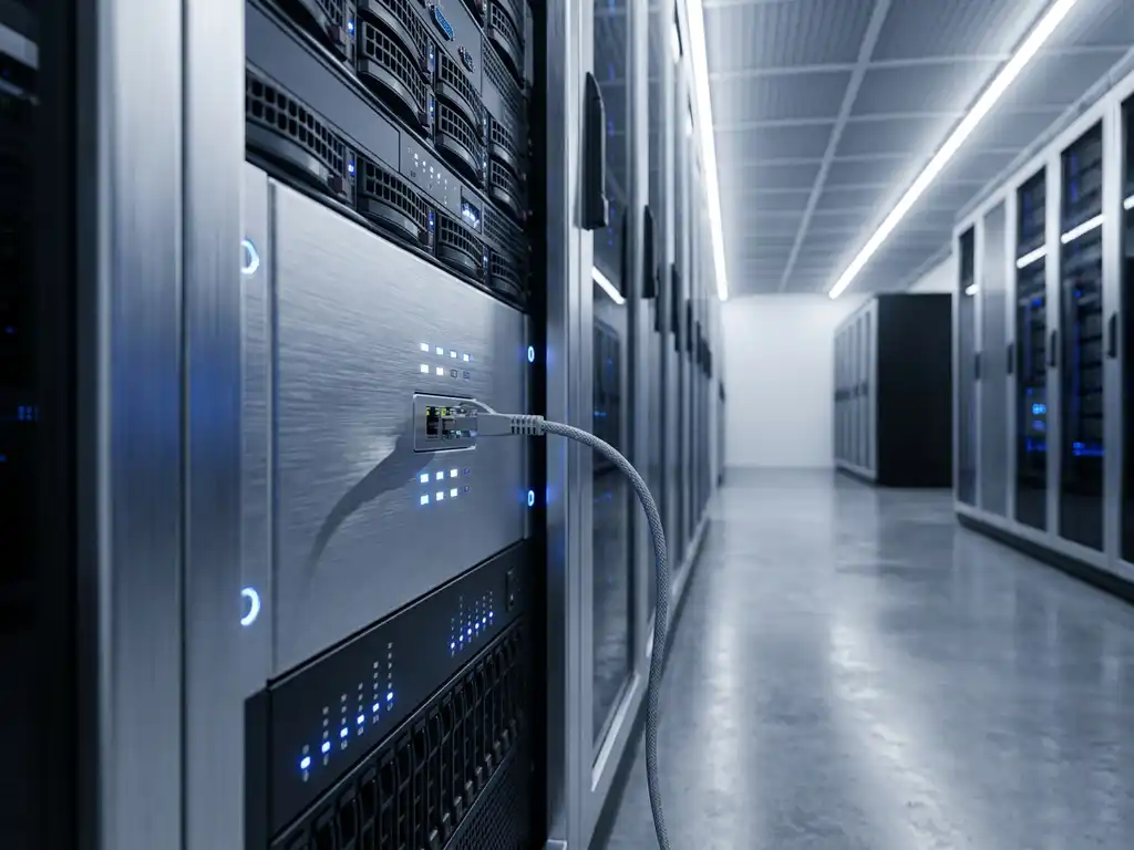 Modernes Server-Rack mit blinkenden Statuslichtern in einem minimalistischen Rechenzentrum-Korridor mit silbern-blauem Ambiente.