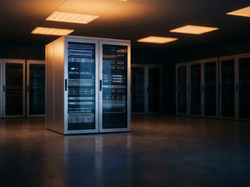 Modernes Server-Rack in deutschem Rechenzentrum mit blinkenden LEDs in Blau und Silber sowie warmem Umgebungslicht.