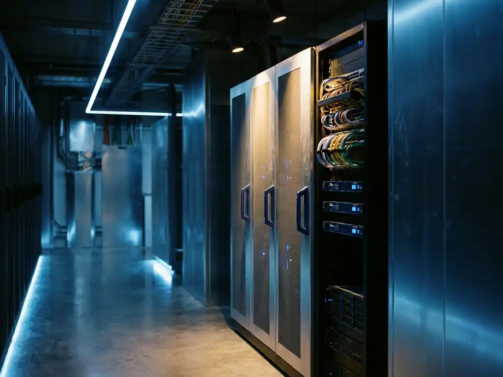Modernes Server-Rack in einem schwach beleuchteten Rechenzentrum mit blauem Umgebungslicht und warmem Spotlight auf dem Frontpanel.