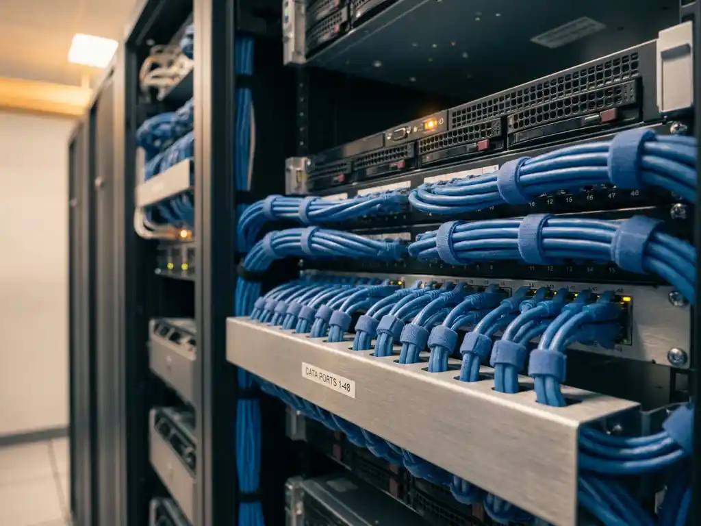 Gebündelte Ethernet-Kabel in einem Enterprise-Patch-Panel auf einem Server-Rack, stahlgrau und elektrischblau beleuchtet.