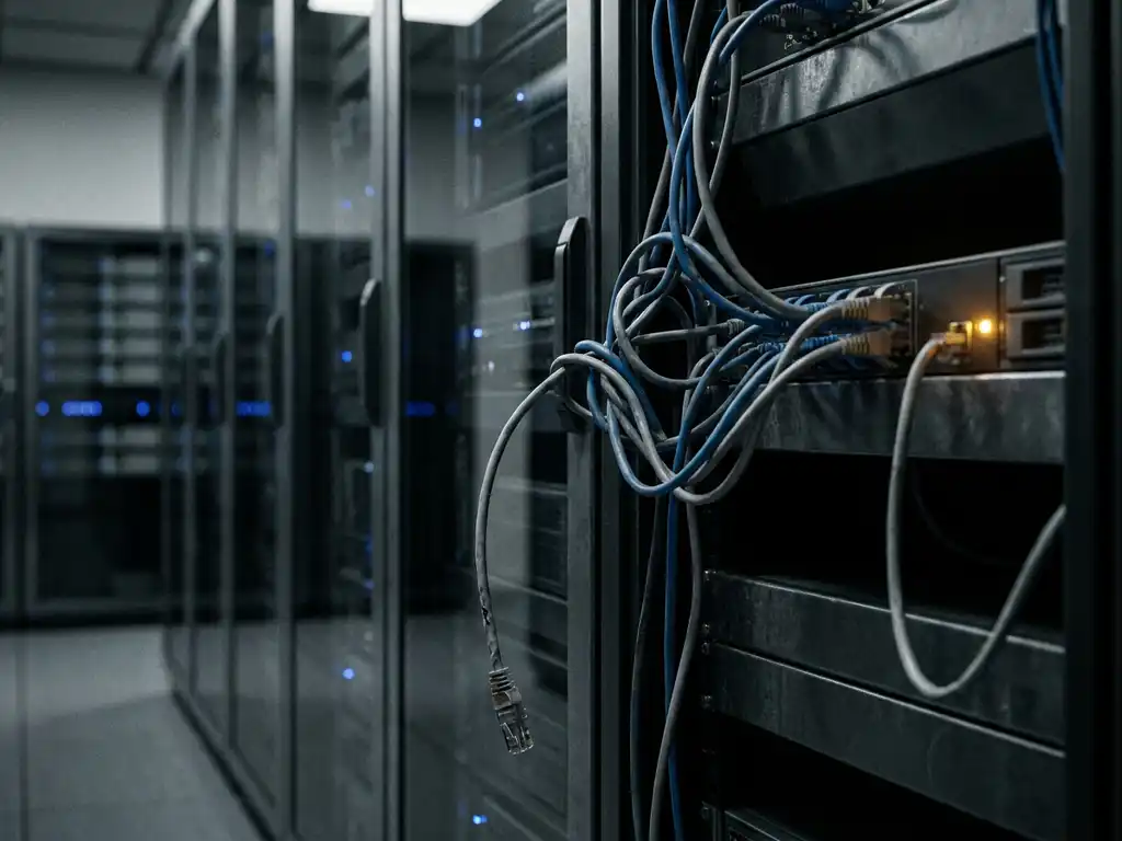 Verwirrtes Ethernet-Kabel um ein Server-Rack gewickelt, ein Kabel hängt lose herunter, warmes Warnlicht im Rechenzentrum.
