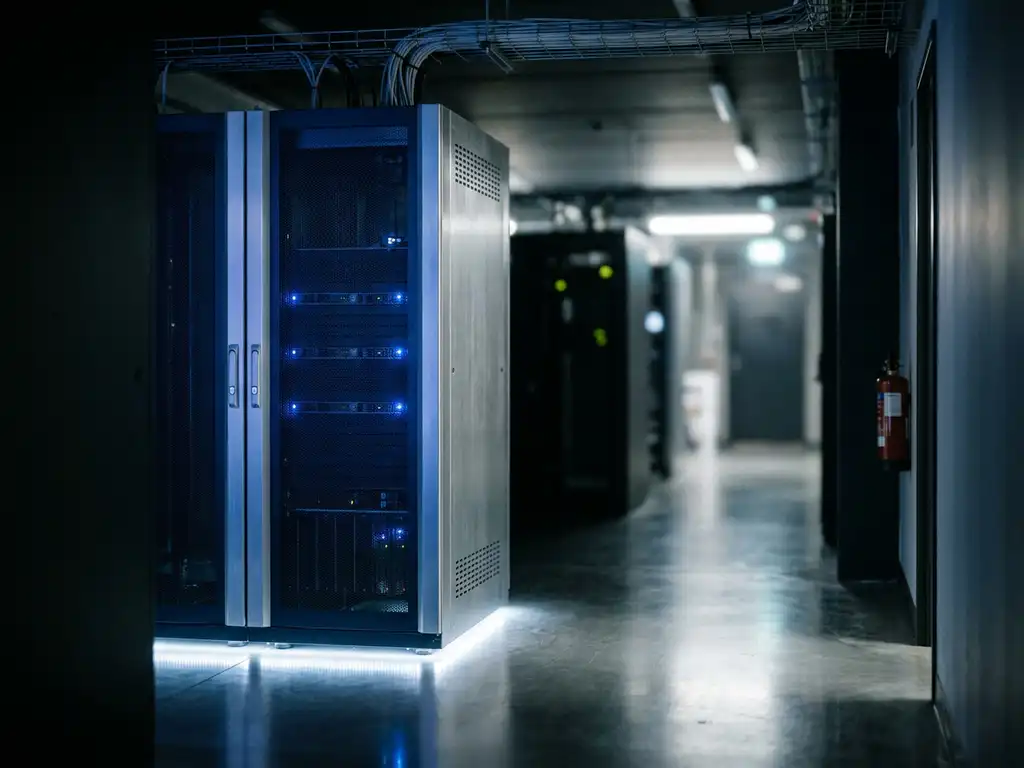 Einzelner Server-Rack in dunklem Rechenzentrum-Korridor mit blauen LED-Anzeigen und poliertem Betonboden.