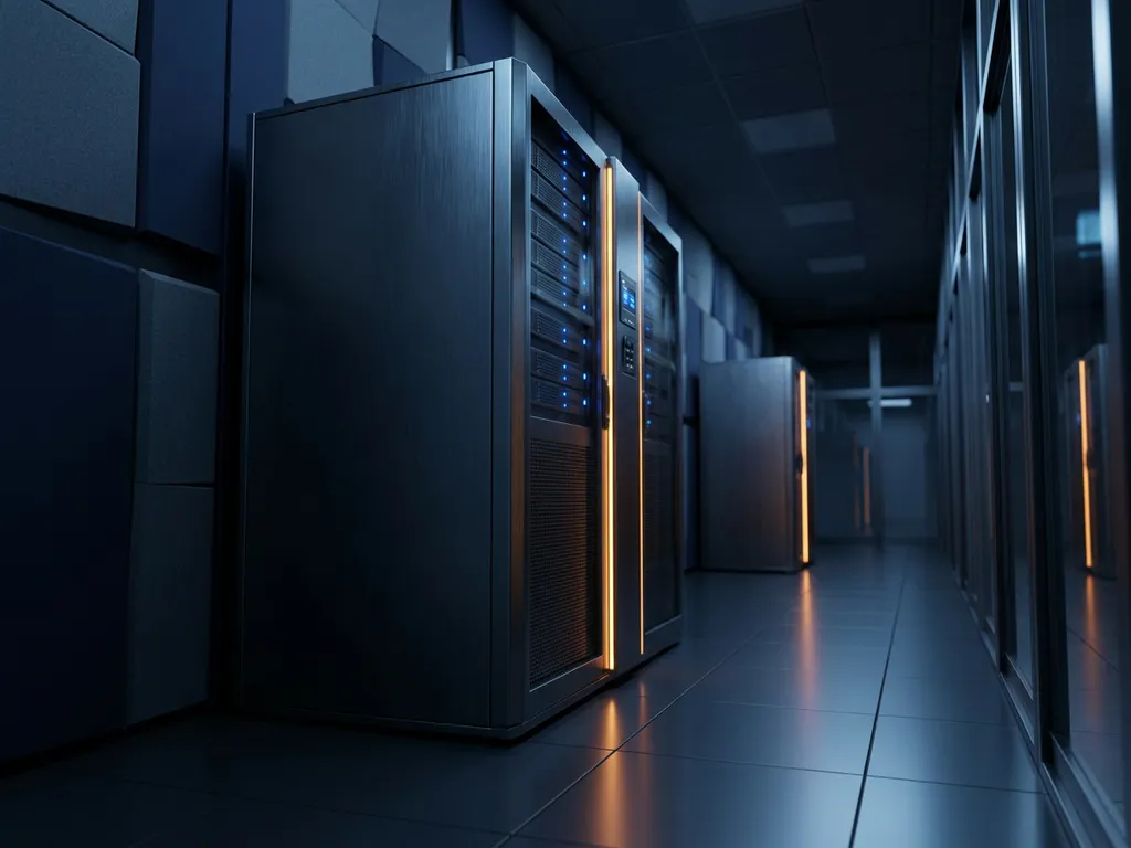 Privates Server-Rack in einem schwach beleuchteten Rechenzentrum-Korridor mit blauen LED-Statuslichtern auf Hochglanzböden.