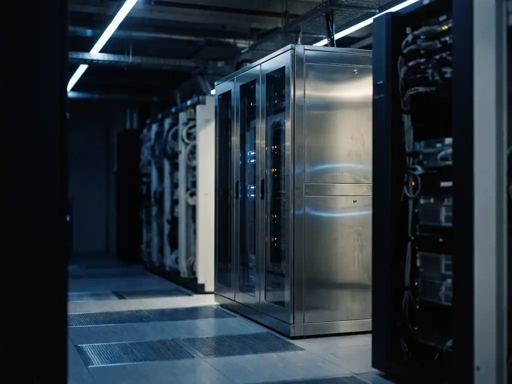 Einzelner Server-Rack in dunkel beleuchtetem Rechenzentrum mit blauem Umgebungslicht und glänzenden Metalloberflächen.