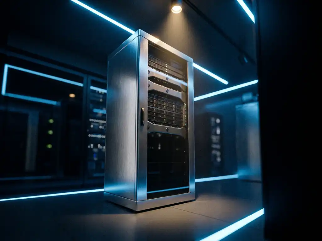 Einzelner Server-Rack in dunklem Rechenzentrum-Korridor mit blauem Umgebungslicht und Spotlight auf der Metalloberfläche.