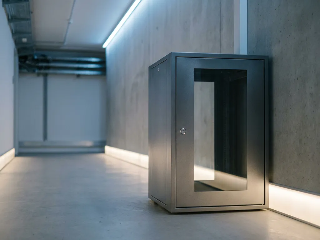 Privates Server-Rack mit Sicherheitsschloss in einem modernen deutschen Rechenzentrum-Korridor mit stahlblauer Beleuchtung.