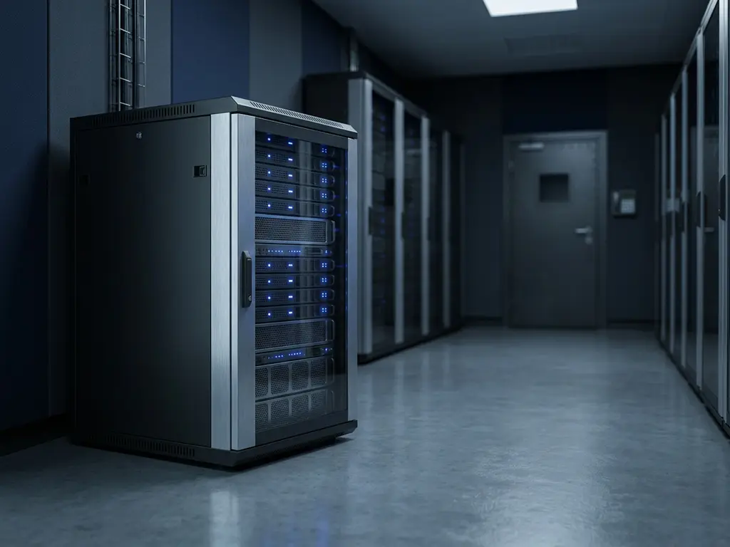 Privates Server-Rack in dunklem Rechenzentrum-Korridor mit blau leuchtenden Statusanzeigen und poliertem Betonboden.