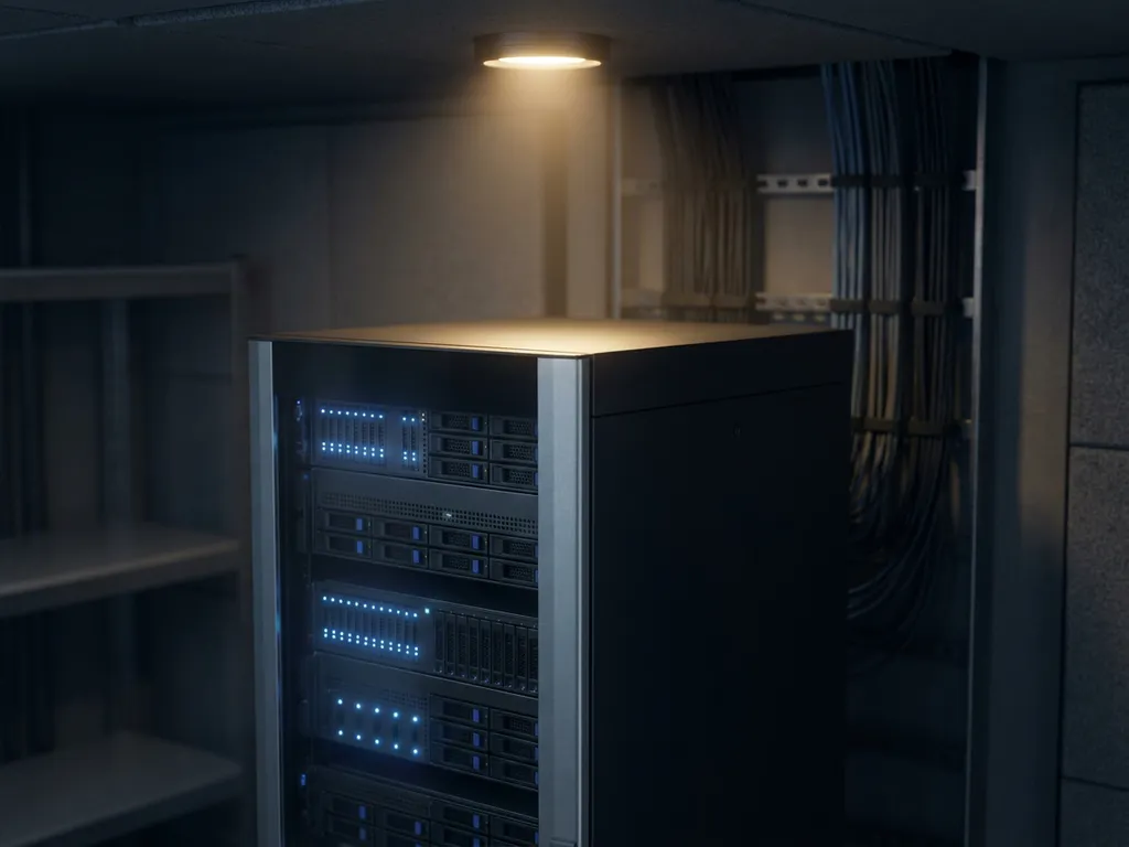 Kompaktes Server-Rack in einem privaten Rechenzentrum mit blauen LED-Statuslichtern, ordentlich gebündelten Kabeln und mattschwarzem Stahlgehäuse.