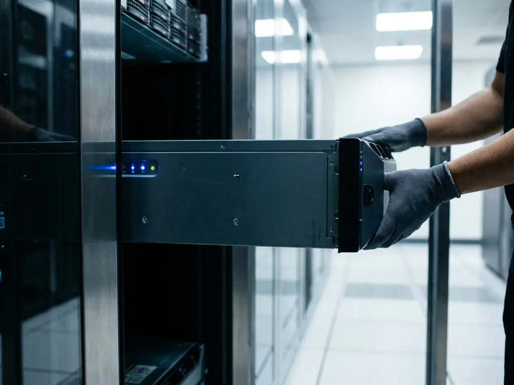 Rack-Server wird in ein modernes Rechenzentrum-Gehäuse eingeschoben, blaue LED-Anzeigen leuchten am Chassis.