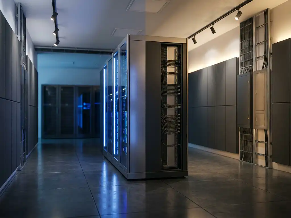 Server-Rack in einem Rechenzentrum, halb in kühlem Blaulicht, halb in warmem Weißlicht, symbolisiert geteilte und private Infrastruktur.