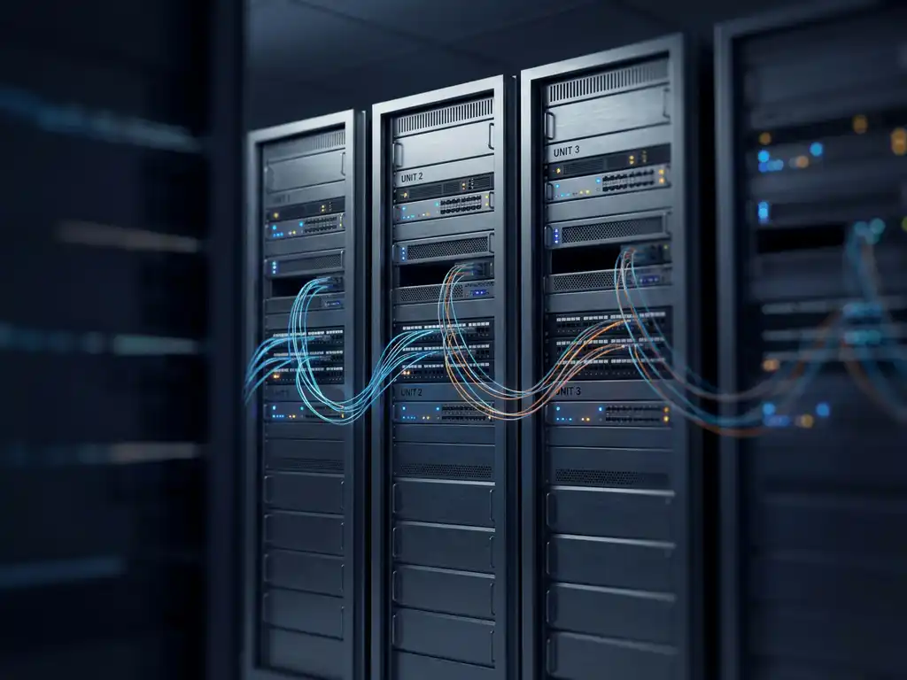 Drei Server-Einheiten in einem dunklen Rechenzentrum, verbunden durch Glasfaserkabel, mit blauen und orangen Statuslichtern.