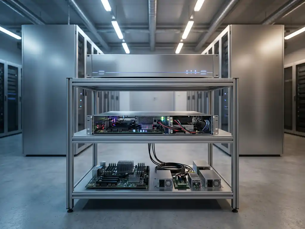 Dreistöckiges Server-Rack in modernem deutschen Rechenzentrum, von Rohkomponenten über konfigurierten Server bis zum fertigen Appliance.