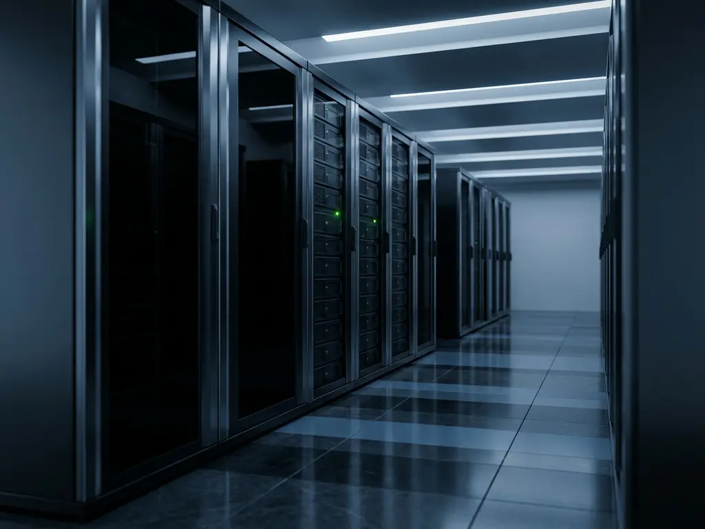 Schwarze Server-Racks in einem dunklen Rechenzentrum-Korridor mit grüner Statusleuchte und Spiegelungen auf dem Hochglanzboden.