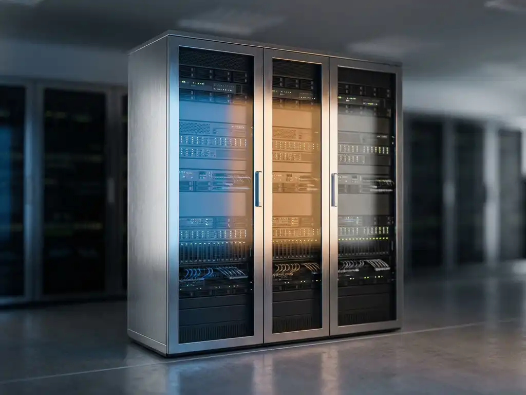 Serverrack in einem dunklen Rechenzentrum, beleuchtet von blauem, bernsteinfarbenem und grauem Licht auf gebürstetem Metall.
