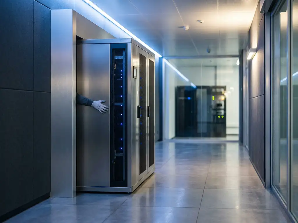 Techniker legt Hand auf Serverrack in modernem deutschen Rechenzentrum mit blauem Umgebungslicht und polierten Bodenfliesen.