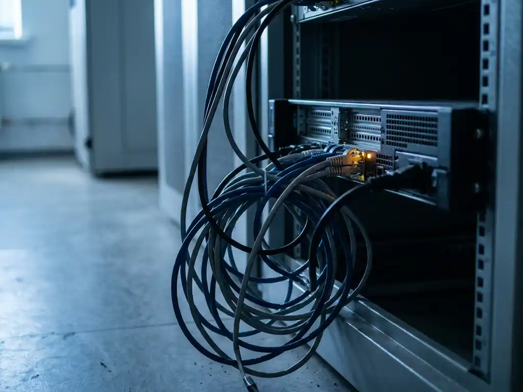 Teilweise getrennte Serverkabel an einem Rack-Server im Rechenzentrum, mit leuchtendem Amberwarnanzeiger im Dämmerlicht.