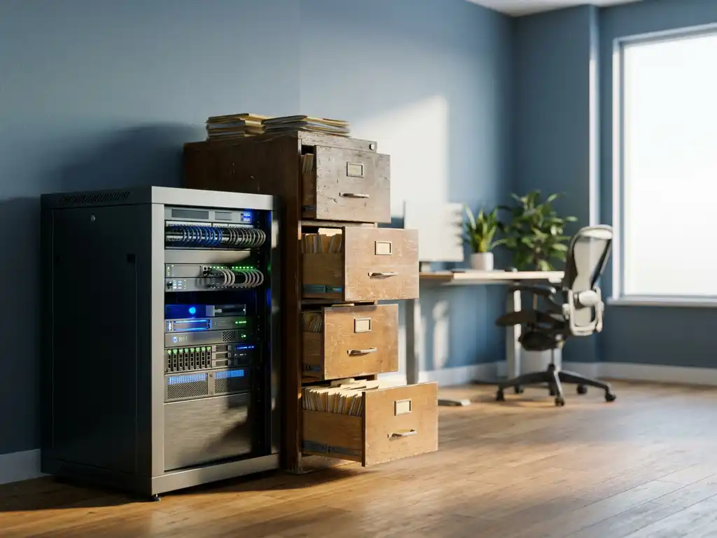 Modernes IT-Serverrack neben einem hölzernen Aktenschrank mit Papierordnern in einem professionellen Büro.