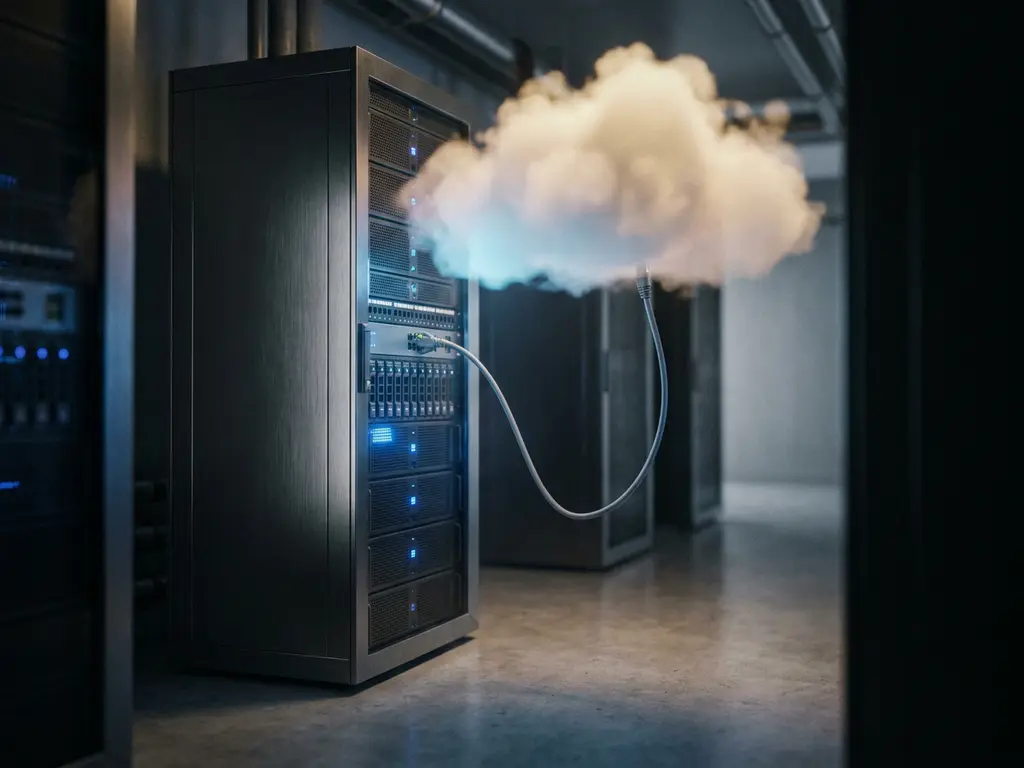 Serverrack in dunklem Rechenzentrum mit Ethernet-Kabel, das in eine leuchtende Dampfwolke führt – symbolisch für Cloud-Computing.