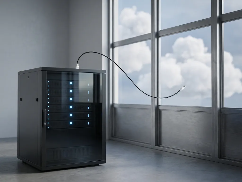 Serverrack im Rechenzentrum mit Ethernet-Kabel, das in Cumulus-Wolken führt – Symbol für Cloud-Computing und Netzwerkinfrastruktur.