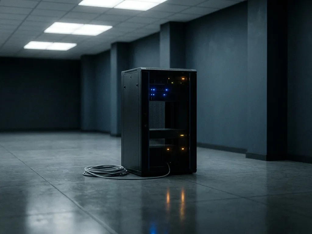 Einzelner Server-Rack in dunklem Rechenzentrum-Korridor mit blauen LED-Statuslichtern und aufgerolltem Ethernet-Kabel am Boden.
