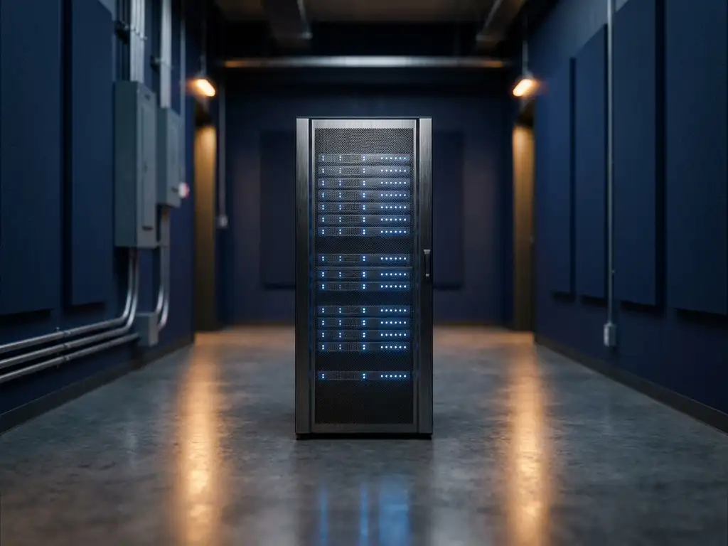 Einzelnes Server-Rack in einem dunklen Rechenzentrumsgang mit blauen LED-Statuslichtern und Betonboden.