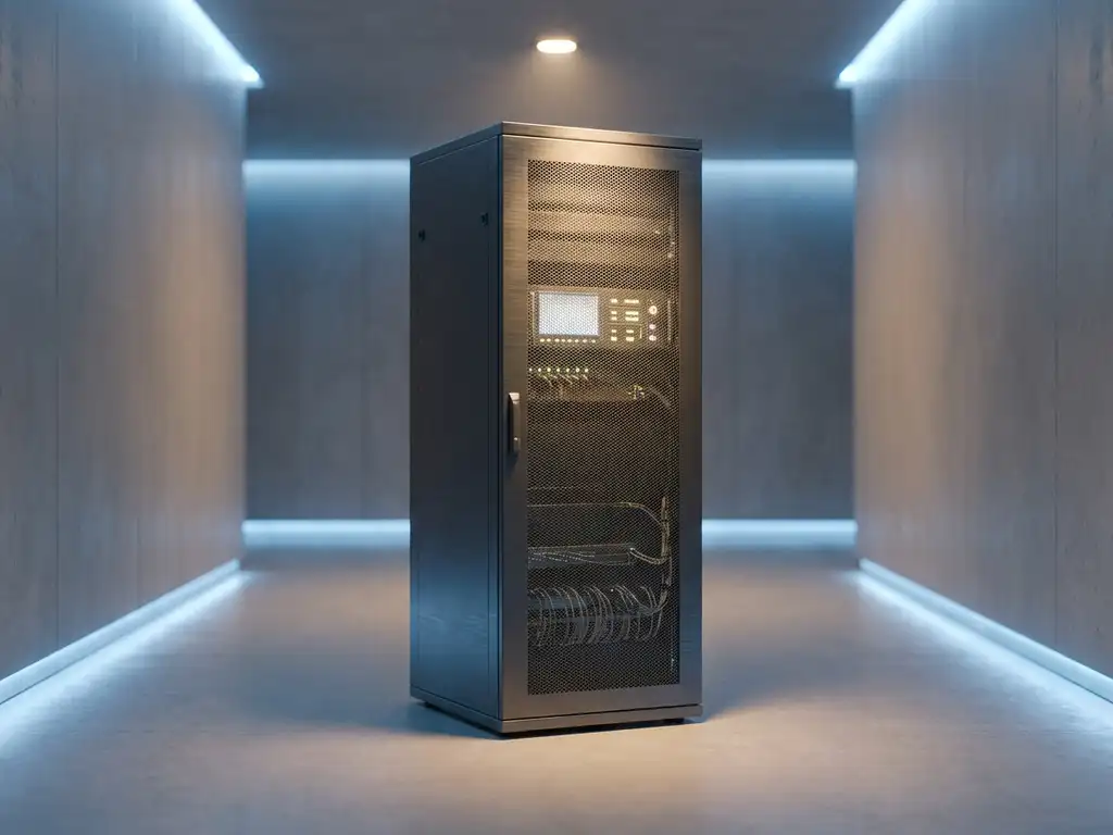 Einzelnes Server-Rack in modernem Rechenzentrum, beleuchtet von warmem Spotlight, kühles blaues Umgebungslicht auf gebürstetem Metall.