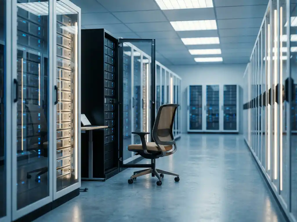 Serverrack in modernem Rechenzentrum-Korridor mit leerem Bürostuhl daneben, kühle Stahl-Blau- und Weißtöne.