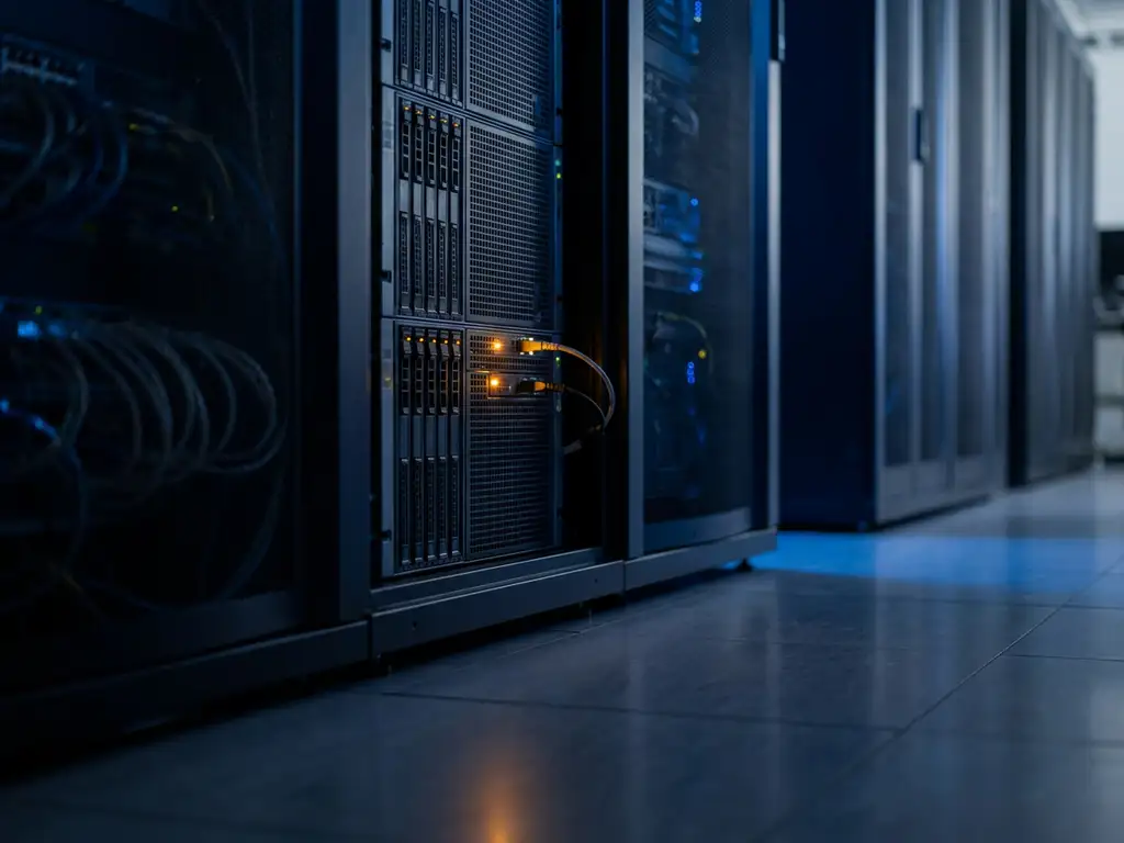 Einzelner Server-Rack im dunklen Rechenzentrum-Korridor mit blinkendem Amber-Warnlicht und blauem Umgebungsschimmer.