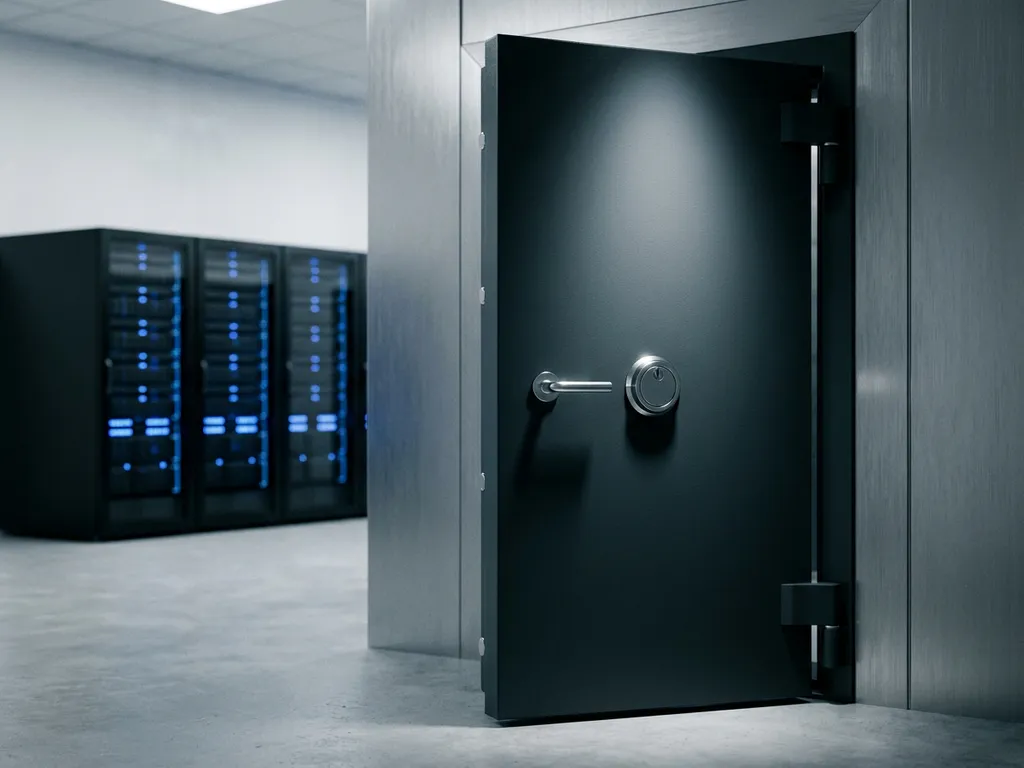 Schwere Stahltresor-Tür leicht geöffnet in modernem Serverraum mit blau leuchtenden Server-Racks im Hintergrund.