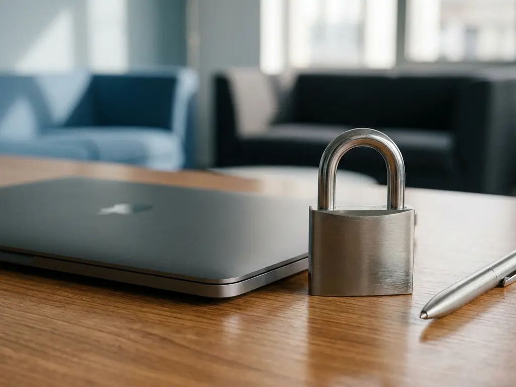 Stahlvorhängeschloss auf einem Holzschreibtisch neben einem Laptop, professionelle Büroatmosphäre mit natürlichem Fensterlicht.
