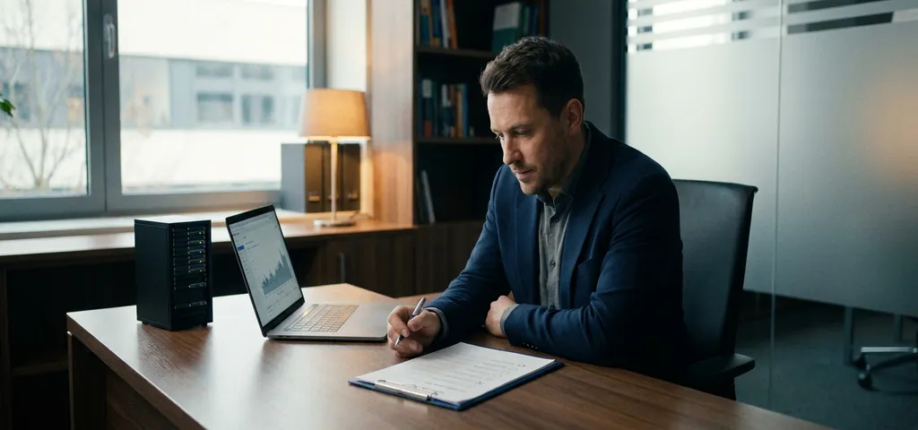 Geschäftsmann prüft Checkliste auf Klemmbrett am modernen Schreibtisch mit Laptop und Server-Modell, Enterprise-IT-Umgebung.