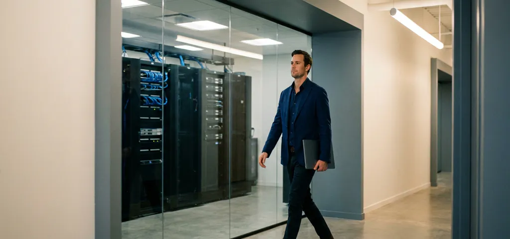 IT-Techniker mit Laptop geht durch modernen Büroflur, Serverraum hinter Glaswand sichtbar, deutsches Unternehmen.