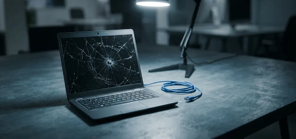 Gerissener Laptop-Bildschirm auf grauem Bürotisch mit abgezogenem Ethernet-Kabel, hartes Licht betont Schäden und finanzielle Verluste.