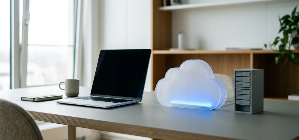 Aufgeklapptes Laptop auf minimalistischem Büroschreibtisch mit wolkenförmigem Servermodell, moderne deutsche Arbeitsumgebung in Weiß und Grau.