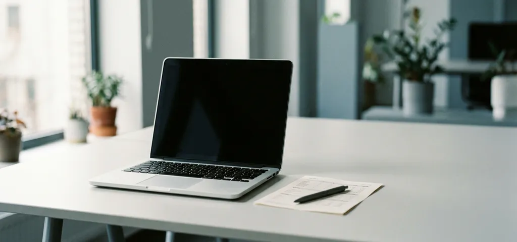 Aufgeklappter Laptop auf hellem Schreibtisch neben ausgedruckter Kostenaufstellung und Kugelschreiber in modernem Büro.