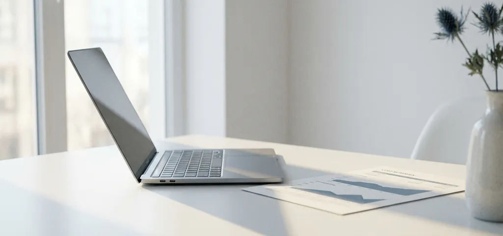 Silbernes Laptop auf weißem Schreibtisch neben einem ausgedruckten Kostenblatt, natürliches Fensterlicht, minimalistische Arbeitsumgebung.