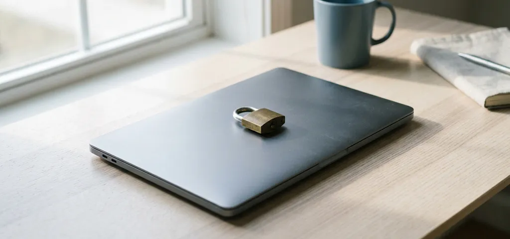 Geschlossenes Laptop mit kleinem Vorhängeschloss auf minimalistischem Schreibtisch, symbolisiert digitale Sicherheit.