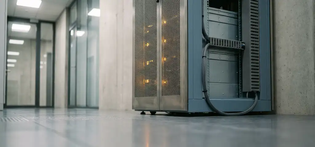 Kompaktes Server-Rack in modernem deutschen Rechenzentrum mit leuchtenden Amber-Statuslichtern und ordentlich verlegtem Netzwerkkabel.
