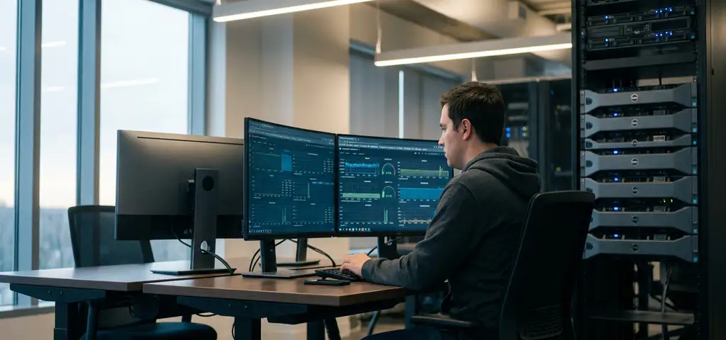 Netzwerkingenieur überwacht Server-Dashboards an einem Dual-Screen-Arbeitsplatz in modernem Büro mit Kabelmanagement-Rack im Hintergrund.