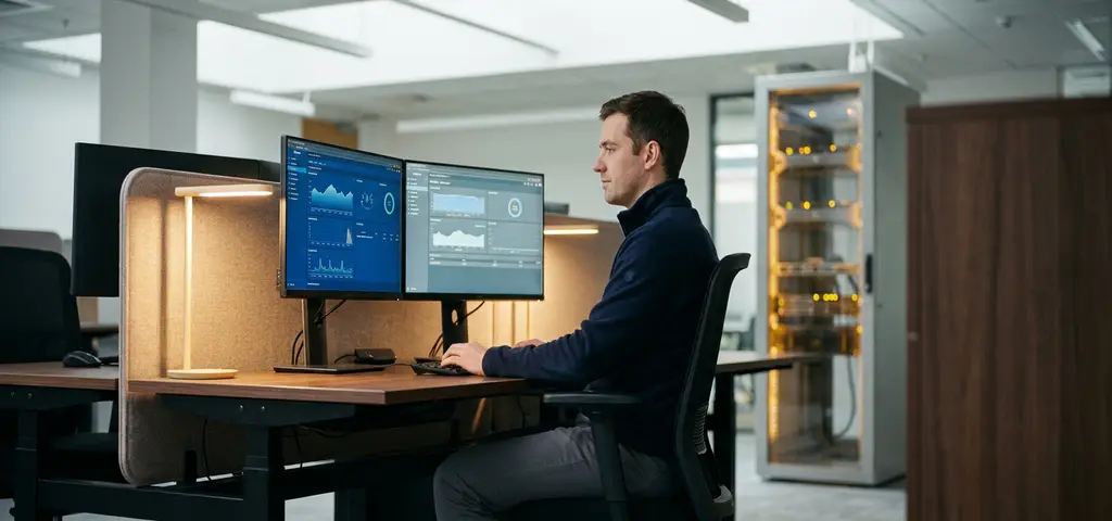 Netzwerkingenieur überwacht Sicherheits-Dashboards an einem Dual-Screen-Arbeitsplatz mit Serverrack im Hintergrund.