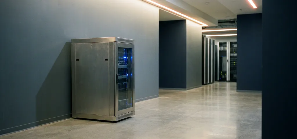Einzelner privater Server-Rack in einem minimalistischen Rechenzentrum-Korridor mit blauem Umgebungslicht auf gebürstetem Metall.