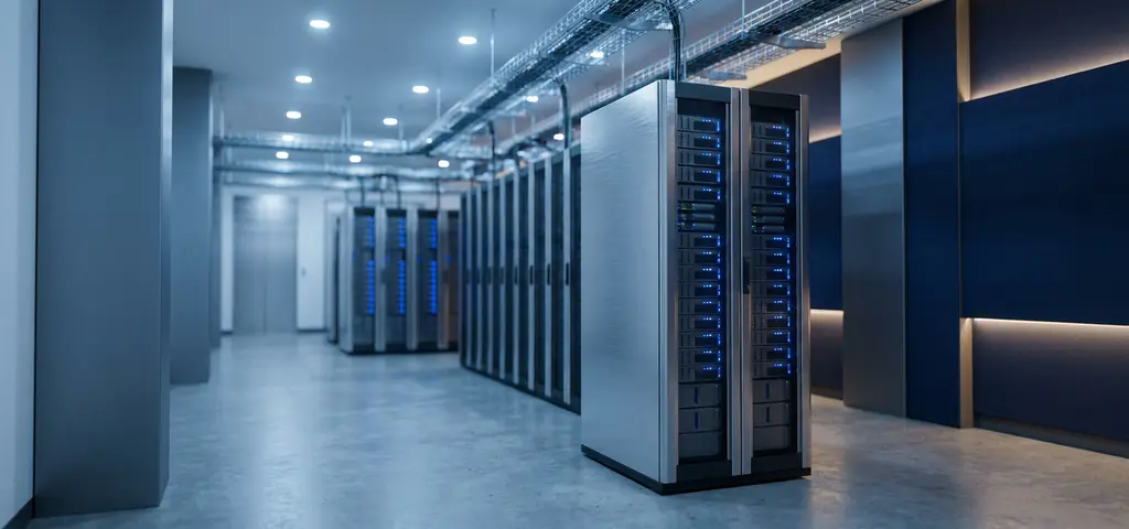 Einzelnes Server-Rack in einem modernen deutschen Rechenzentrum mit blauem Umgebungslicht und gebürstetem Metall.